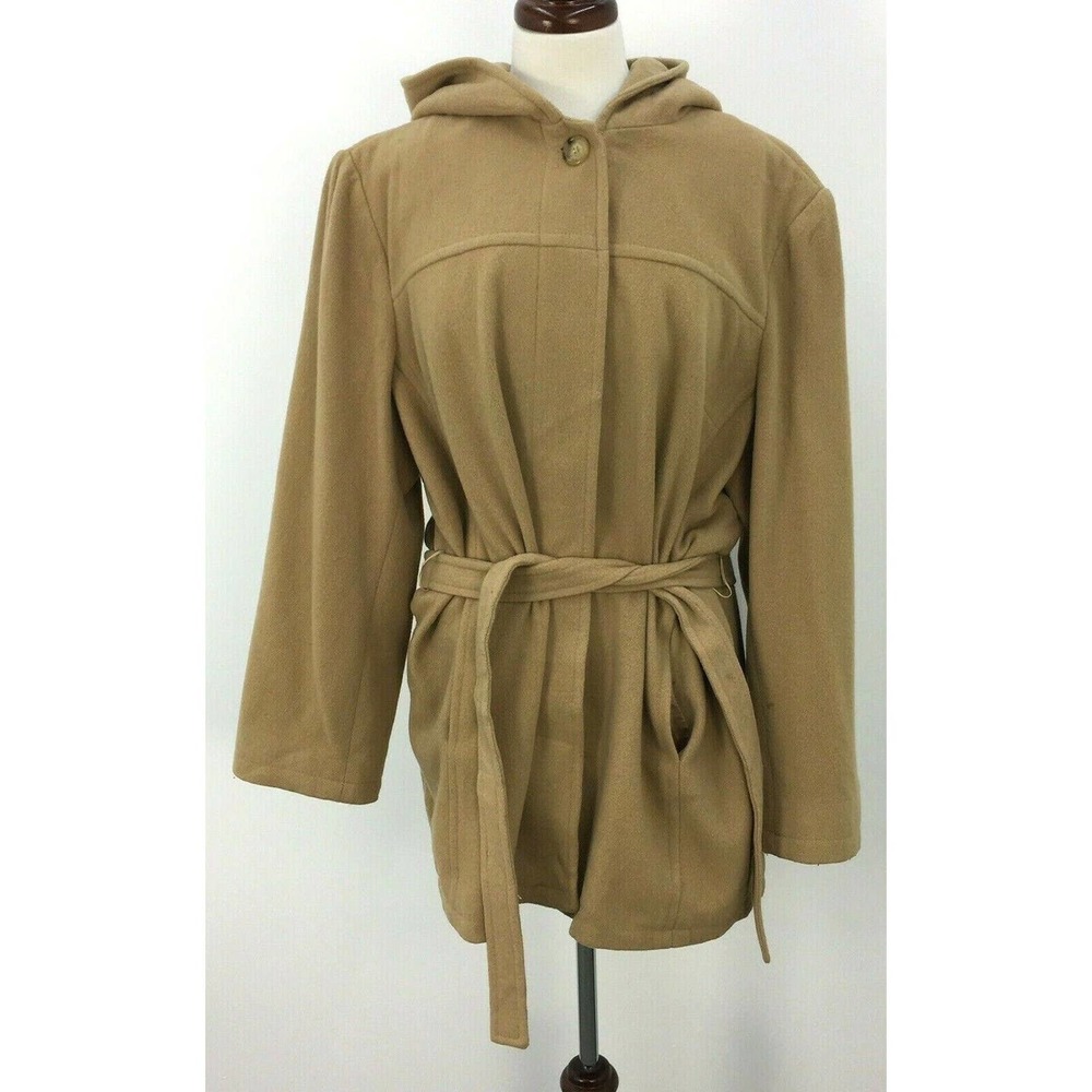 VTG 90s Mario De Pinto Tan Wool Blend Hooded Coat Womens Made in USA